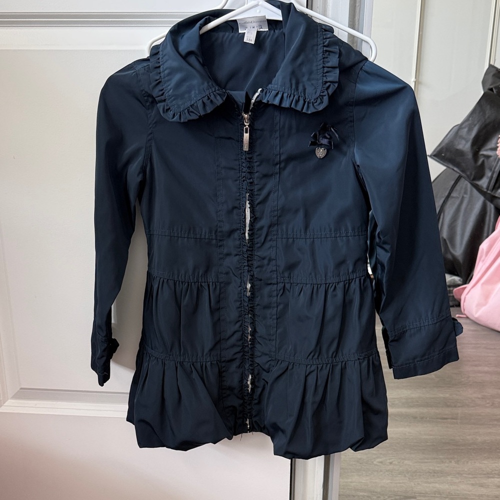 Navy Ruffled Zip-Front Girls Jacket